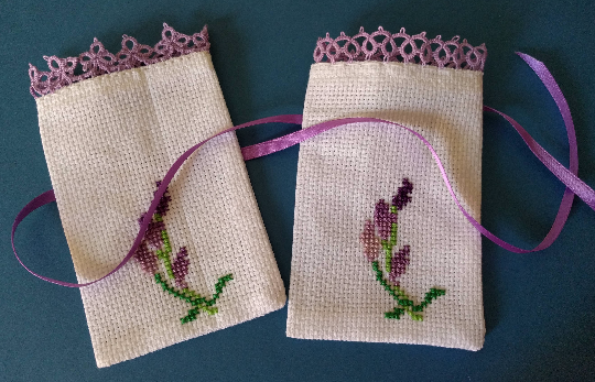 lavender sachet bag, tatting and cross stitch